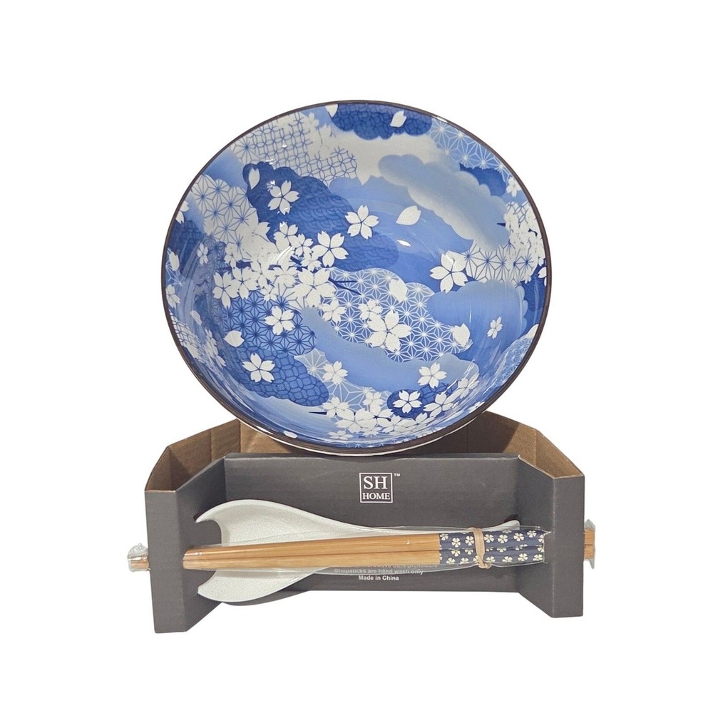 SH Home Blue Sakura Clouds Ceramic Ramen Noodle Bowl Set 49oz Chopsticks & Spoon